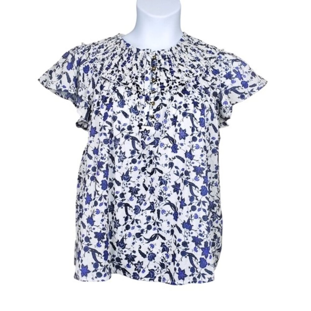 Anthropologie Womens Blue Floral Print Smocked Ruffle Blouse Size L